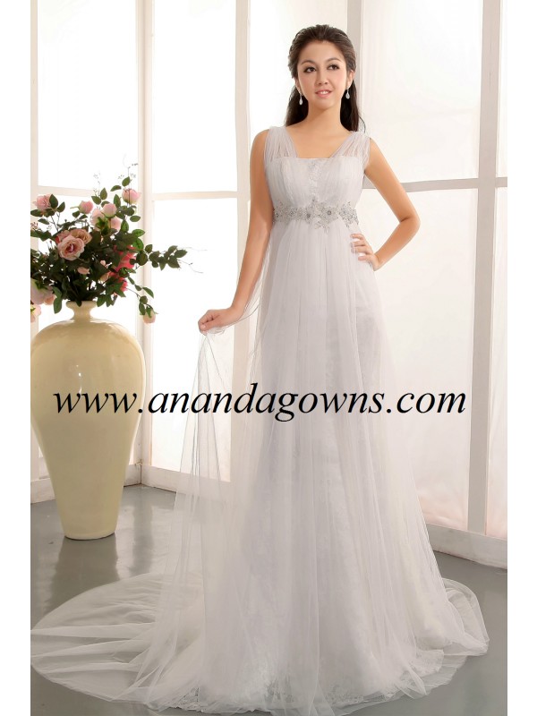 Tulle strap wedding dresses with nice laces inner layer and beading belt around the waist